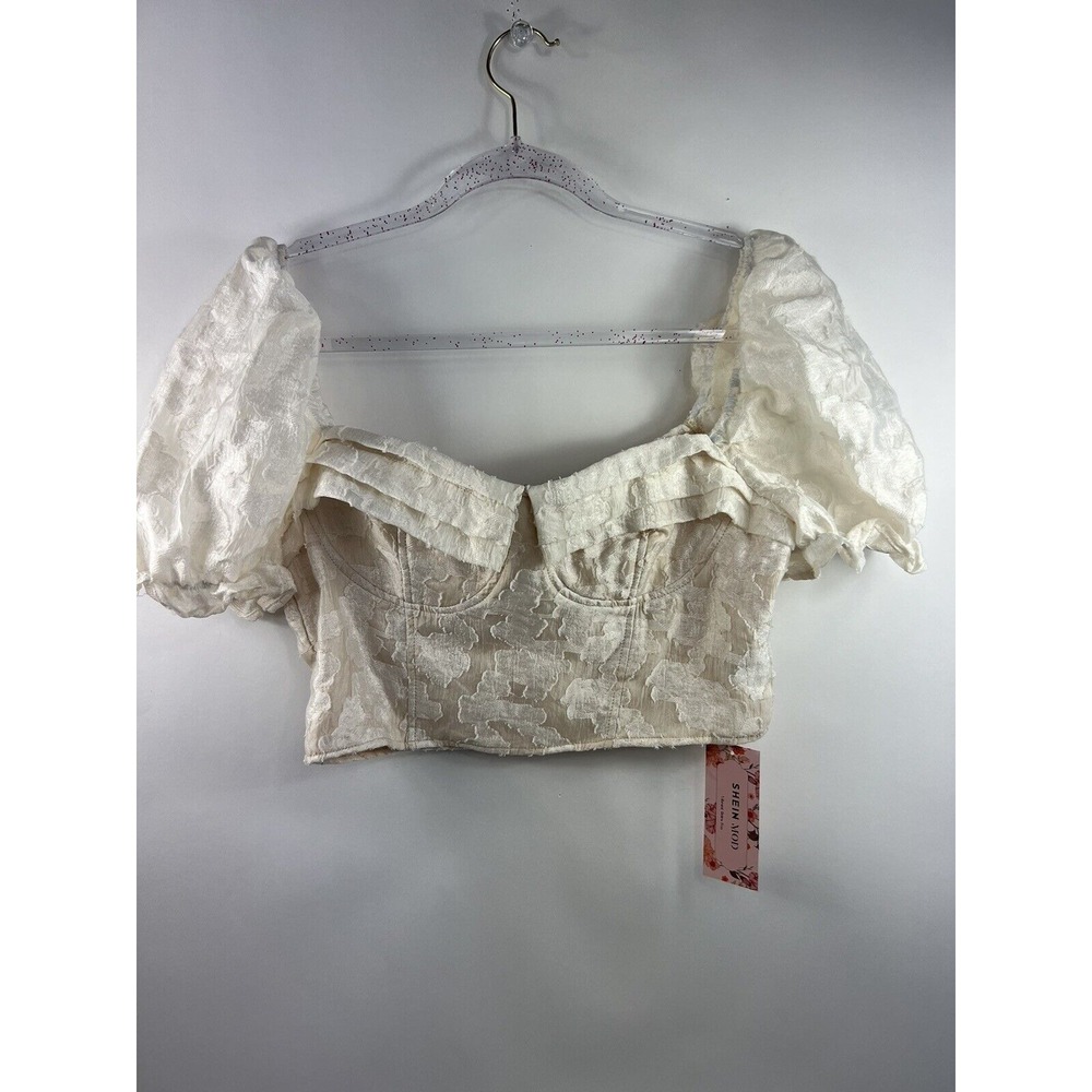 Shein Mod Pap 21 Raccolta Carta Crop Top Womens Sz L Balloon Sleeves NWT Retro